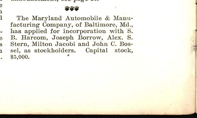 Maryland Automobile &  Manufacturing Company, Incorporation, Motor Vehicle Review, March 20, 1900. 